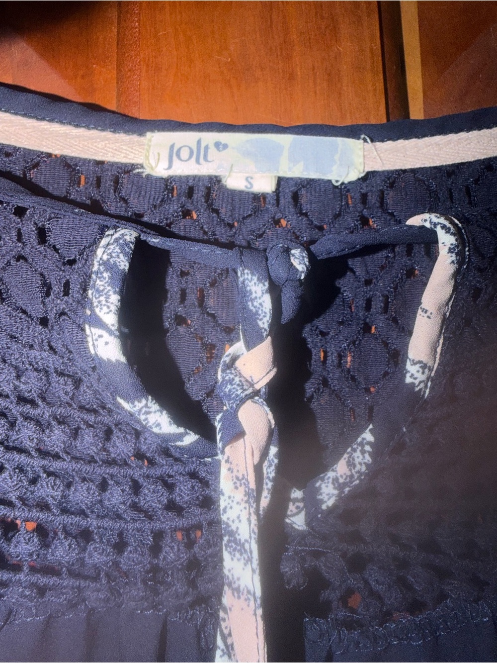 Jolt Navy Crochet Top with Pink-Patterned Drawstring